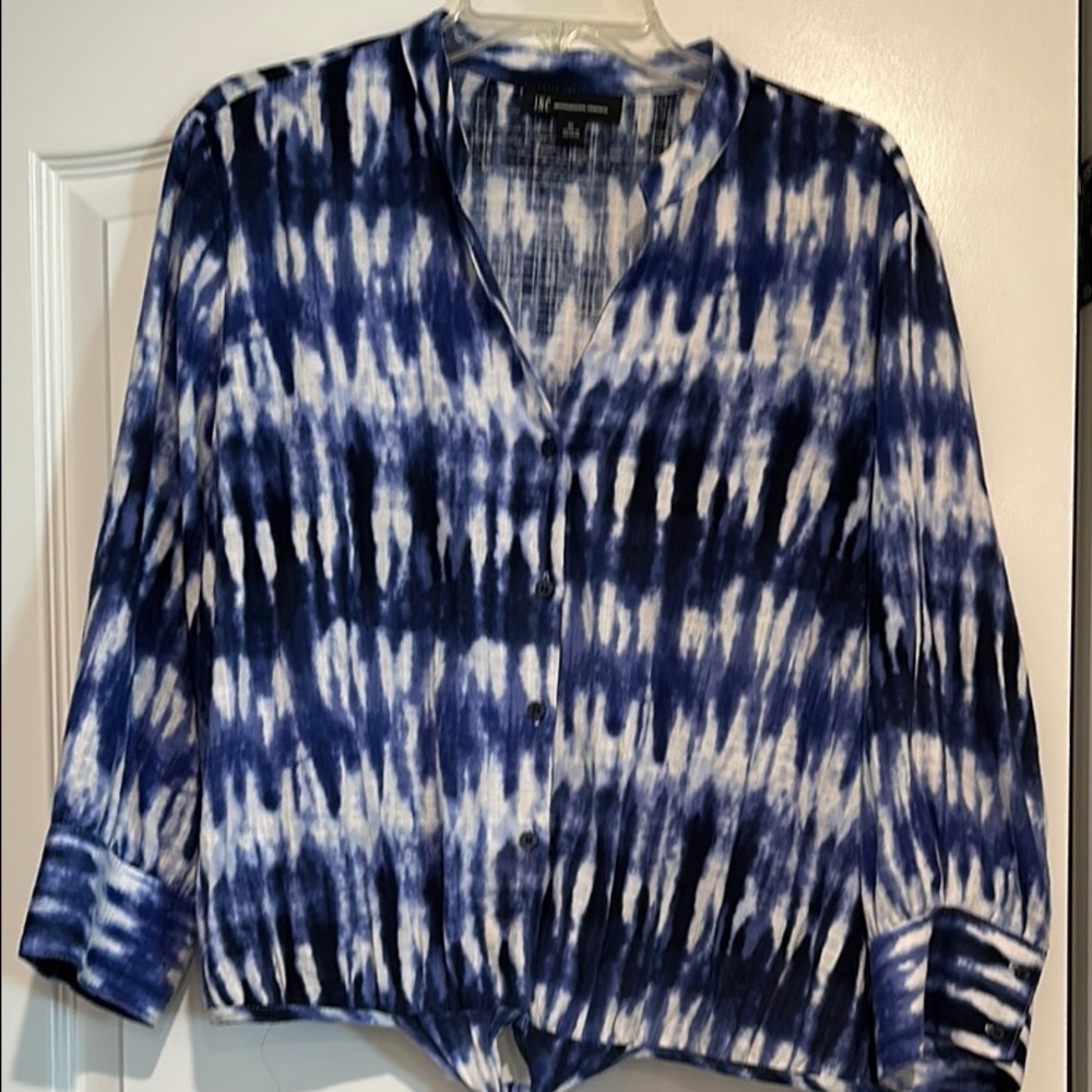 INC Blue and White Tie Front Blouse with Mandarin Collar